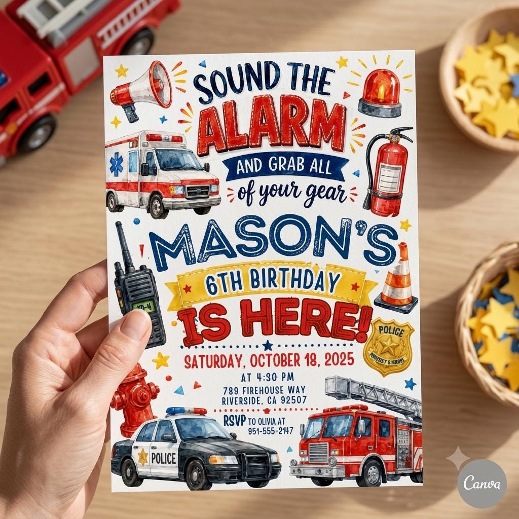 First Responders Birthday Party Invitation - Calling All Units, Emergency Vehicles Invite - Boy Fire Truck, Ambulance (Digital Download)