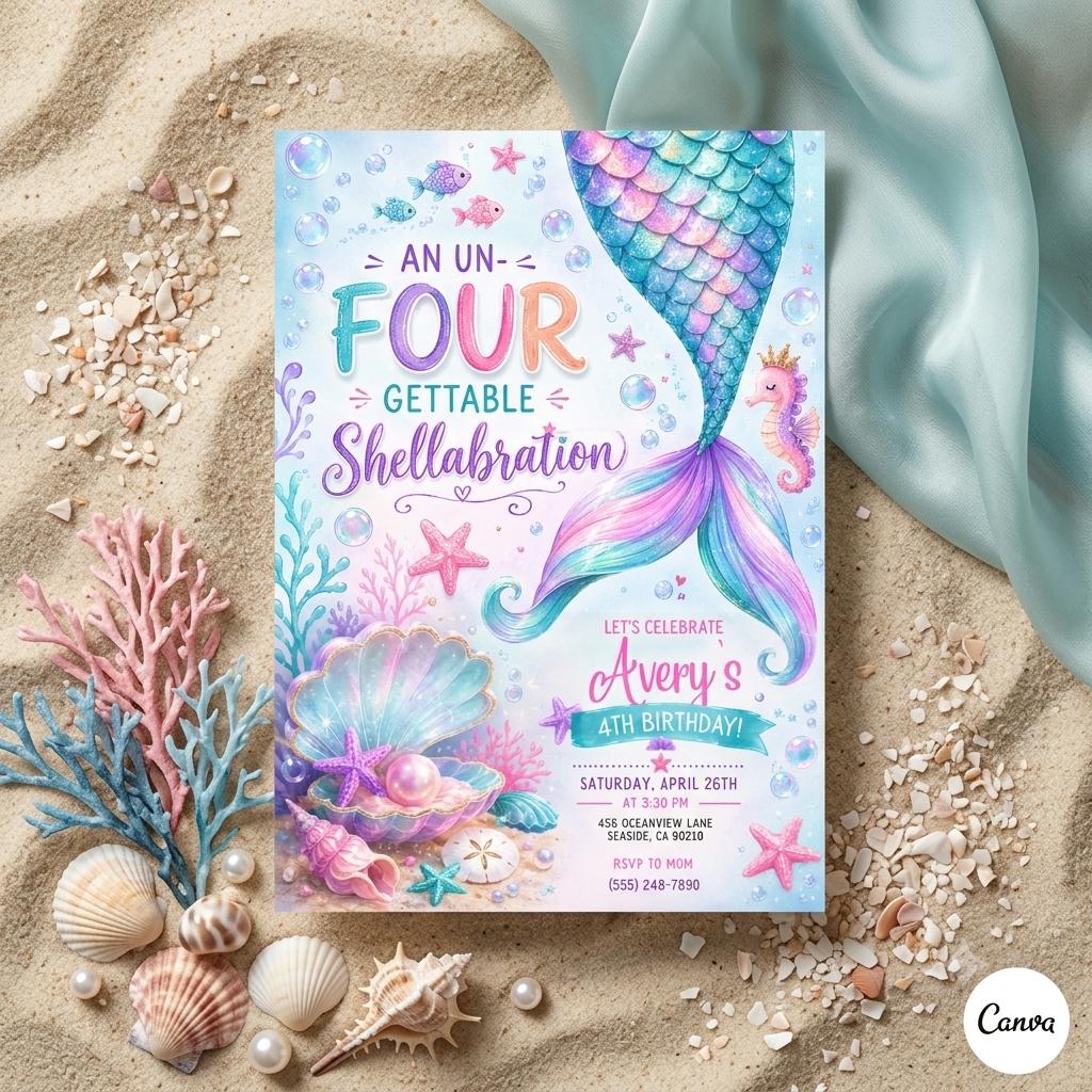 Editable Mermaid Birthday Invitation Mermaid Party Under the Sea Birthday Un four-gettable Shellabration Fourth Birthday (Digital Download)