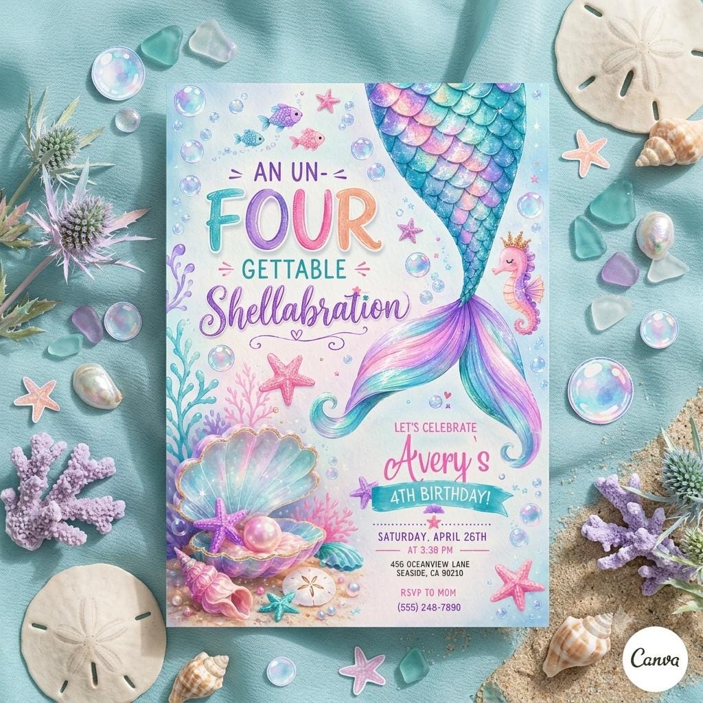 Editable Mermaid Birthday Invitation Mermaid Party Under the Sea Birthday Un four-gettable Shellabration Fourth Birthday (Digital Download)