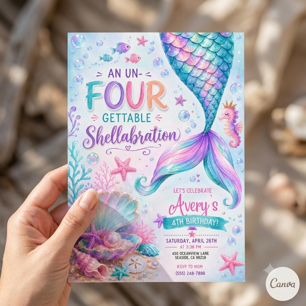 Editable Mermaid Birthday Invitation Mermaid Party Under the Sea Birthday Un four-gettable Shellabration Fourth Birthday (Digital Download)