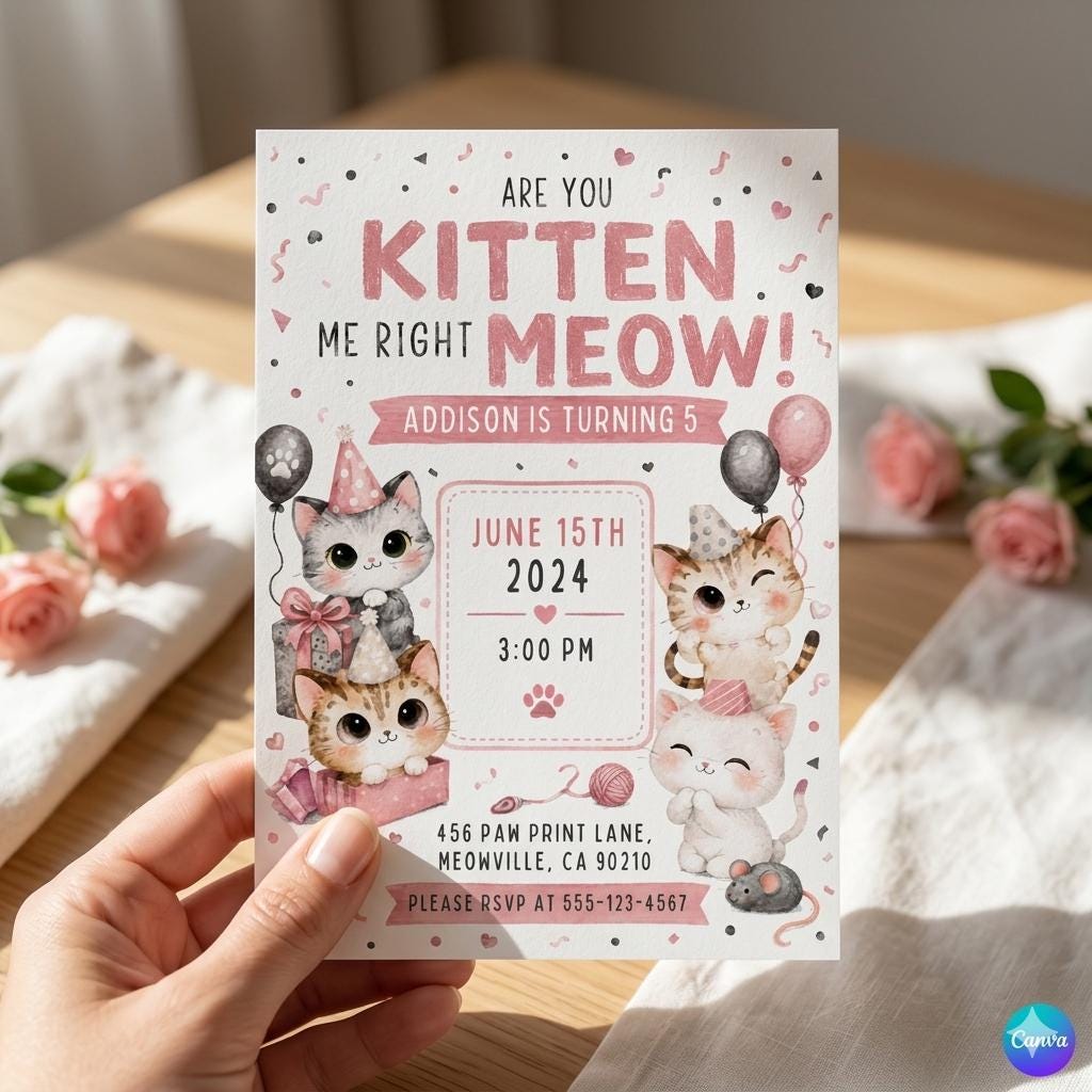 Kitten Birthday Invitation: Cat Party Invite , Editable Kitten Birthday Invitation, Are You Kitten Me. (Editable Canva Template)