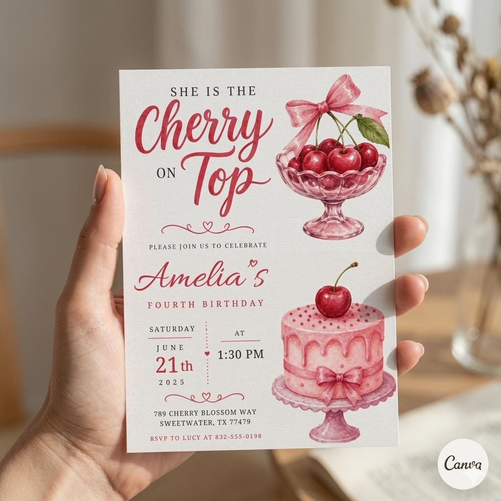 Editable Cherry Birthday Invitation, Stripes & Pink Bow, Cherry on Top Invite, Pink Gingham + Bow Canva Template (Digital Download)