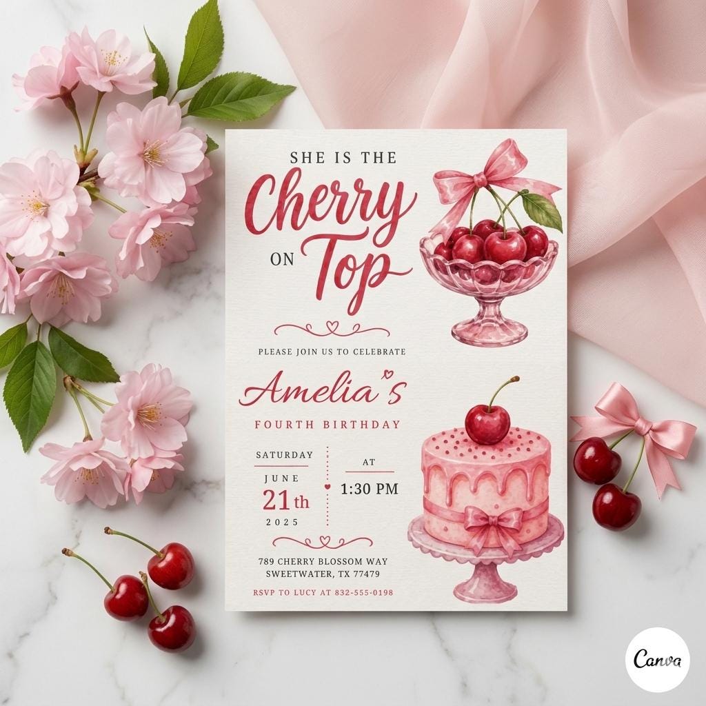 Editable Cherry Birthday Invitation, Stripes & Pink Bow, Cherry on Top Invite, Pink Gingham + Bow Canva Template (Digital Download)