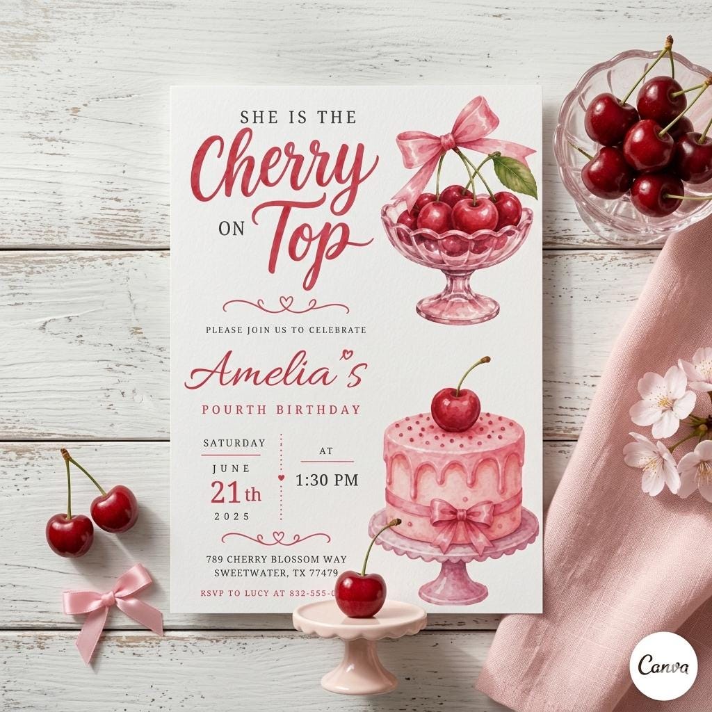 Editable Cherry Birthday Invitation, Stripes & Pink Bow, Cherry on Top Invite, Pink Gingham + Bow Canva Template (Digital Download)