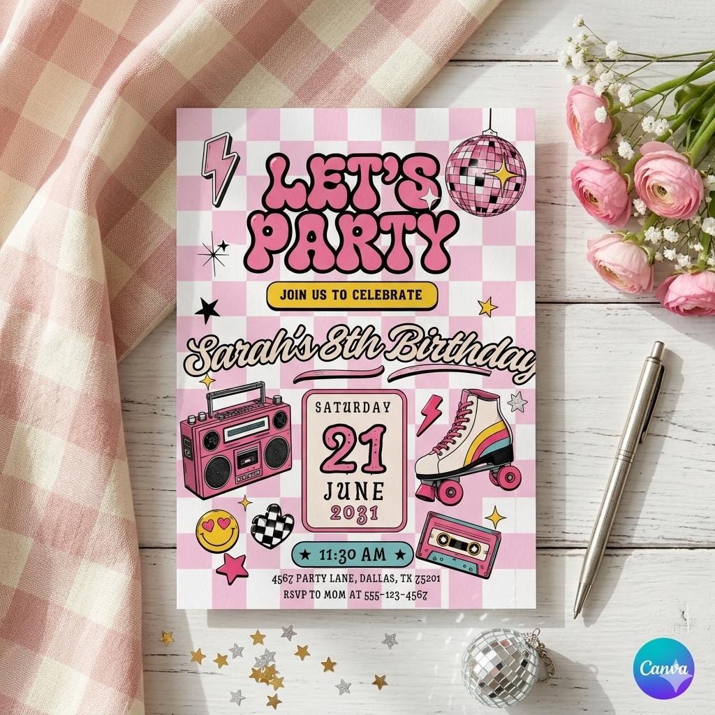 Let's Party Birthday Invitation Editable Canva Template Any Age Birthday Invite Blue Birthday Invite Boys Checkered Retro Birthday Party