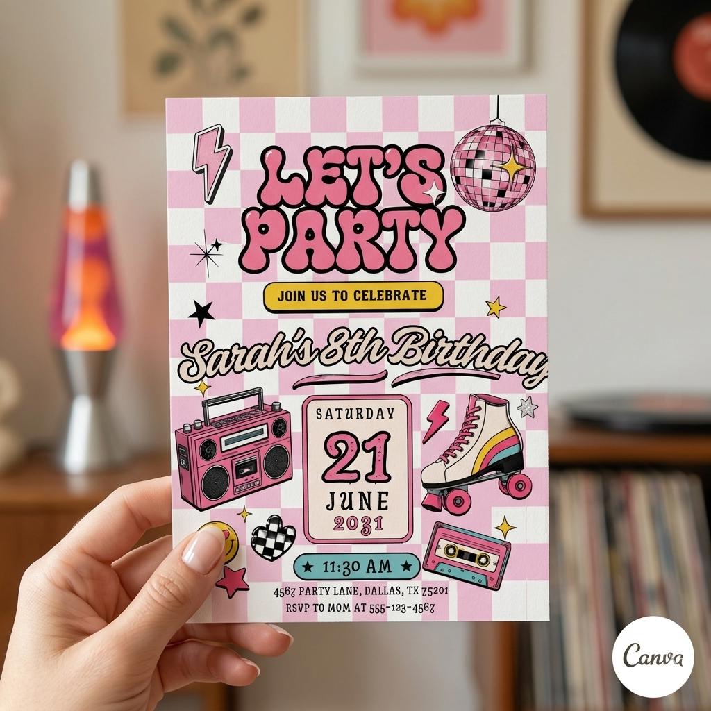 Let's Party Birthday Invitation Editable Canva Template Any Age Birthday Invite Blue Birthday Invite Boys Checkered Retro Birthday Party