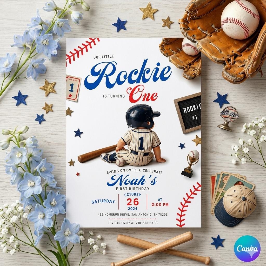 Editable Baseball Rookie One Birthday Invitation : Baseball Jersey Number Striped Baseball Birthday Party Invitation. (Digital Download)