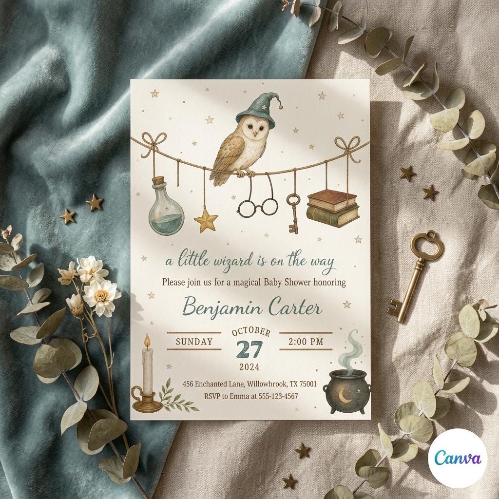 Little Wizard Baby Shower Invitation , Magical Owl Theme , Editable Canva Template , Gender Neutral Invite , Harry Baby Shower Idea