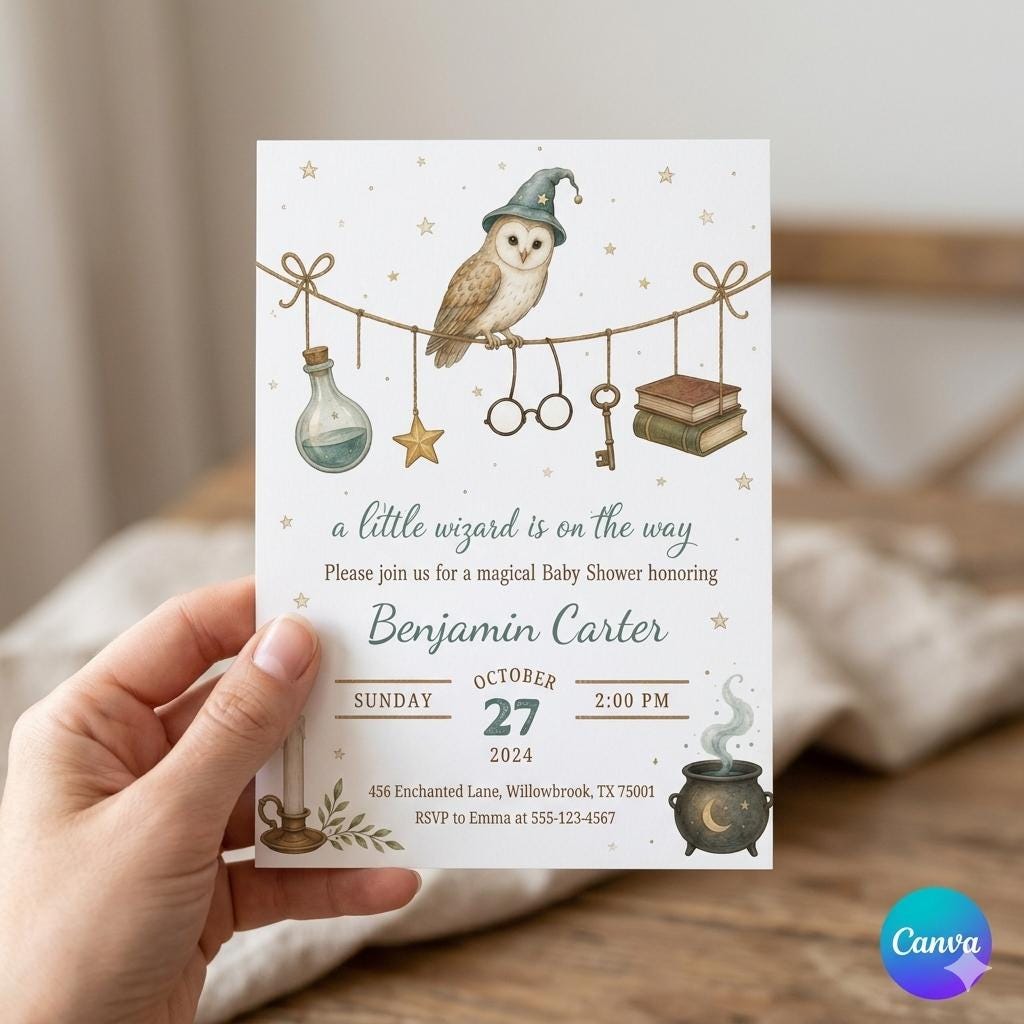 Little Wizard Baby Shower Invitation , Magical Owl Theme , Editable Canva Template , Gender Neutral Invite , Harry Baby Shower Idea
