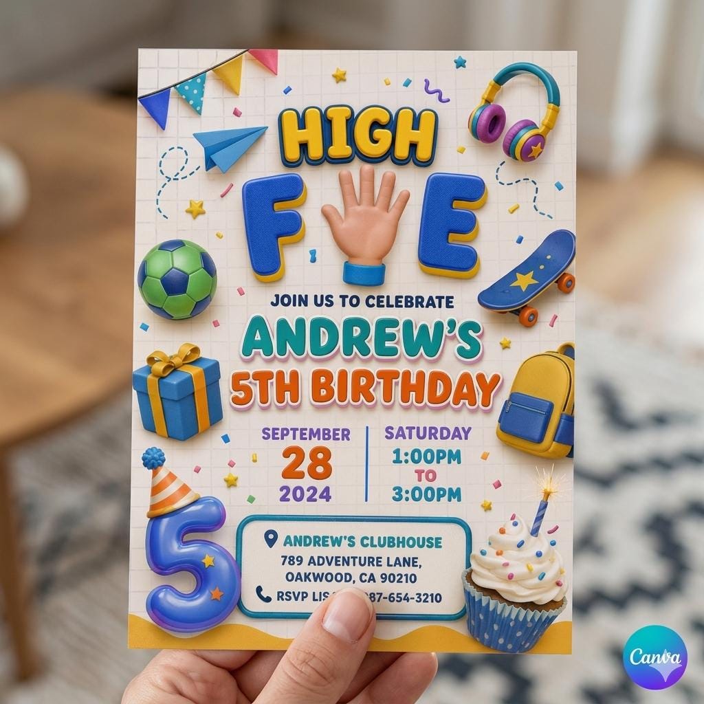 High Five Birthday Invitation Template, Neon 5th Birthday Party Invite, Glow Party Editable Digital Invitation for Kids