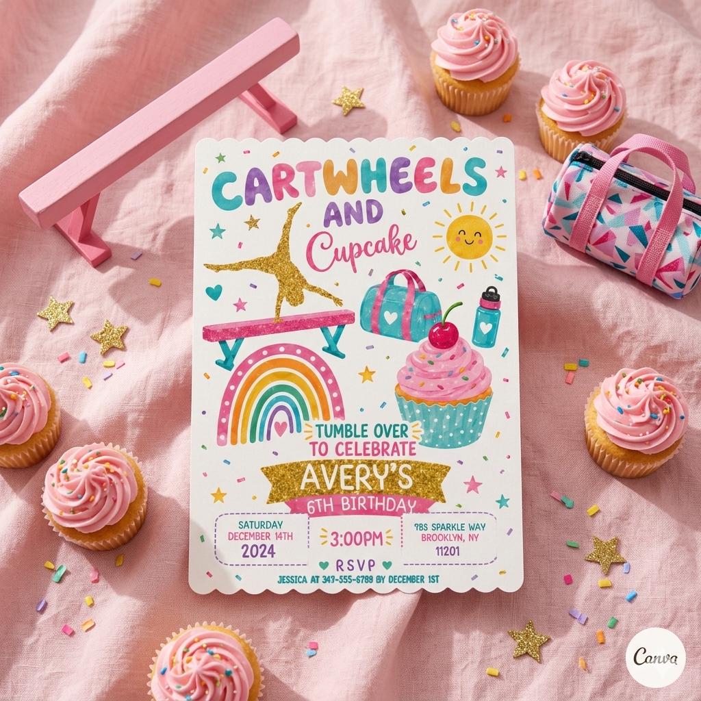 Editable Cartwheels and Cupcakes Birthday invitation, Gymnastics Party invite, Tumbling Birthday, Editable Canva Template