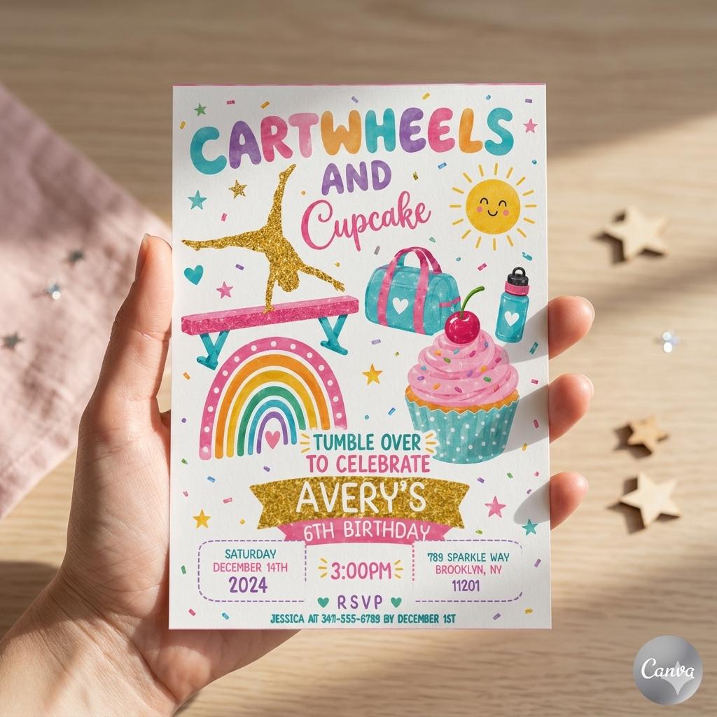 Editable Cartwheels and Cupcakes Birthday invitation, Gymnastics Party invite, Tumbling Birthday, Editable Canva Template