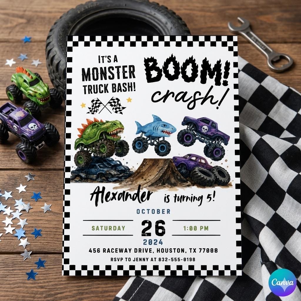 Monster Truck Birthday Invitation: Editable Canva Template (Digital Download)