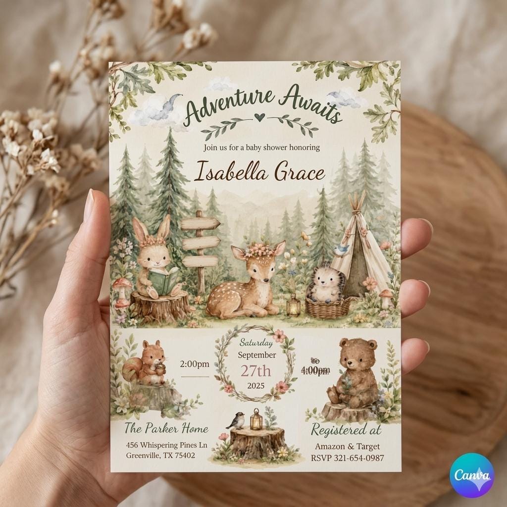 Woodland Baby Shower Invitation, Adventure Awaits Digital Invite, Forest Animals Baby Shower, Editable Canva Template