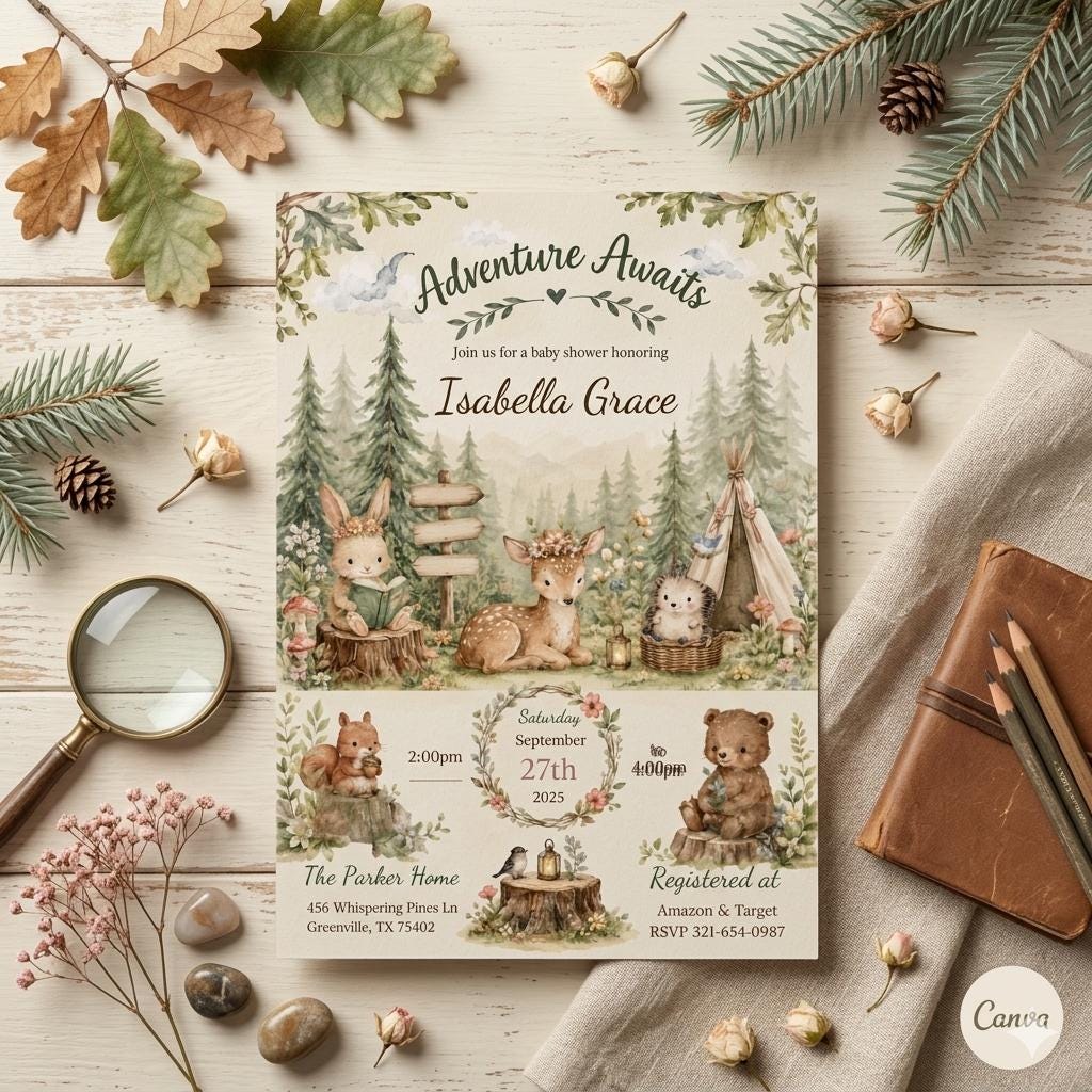 Woodland Baby Shower Invitation, Adventure Awaits Digital Invite, Forest Animals Baby Shower, Editable Canva Template