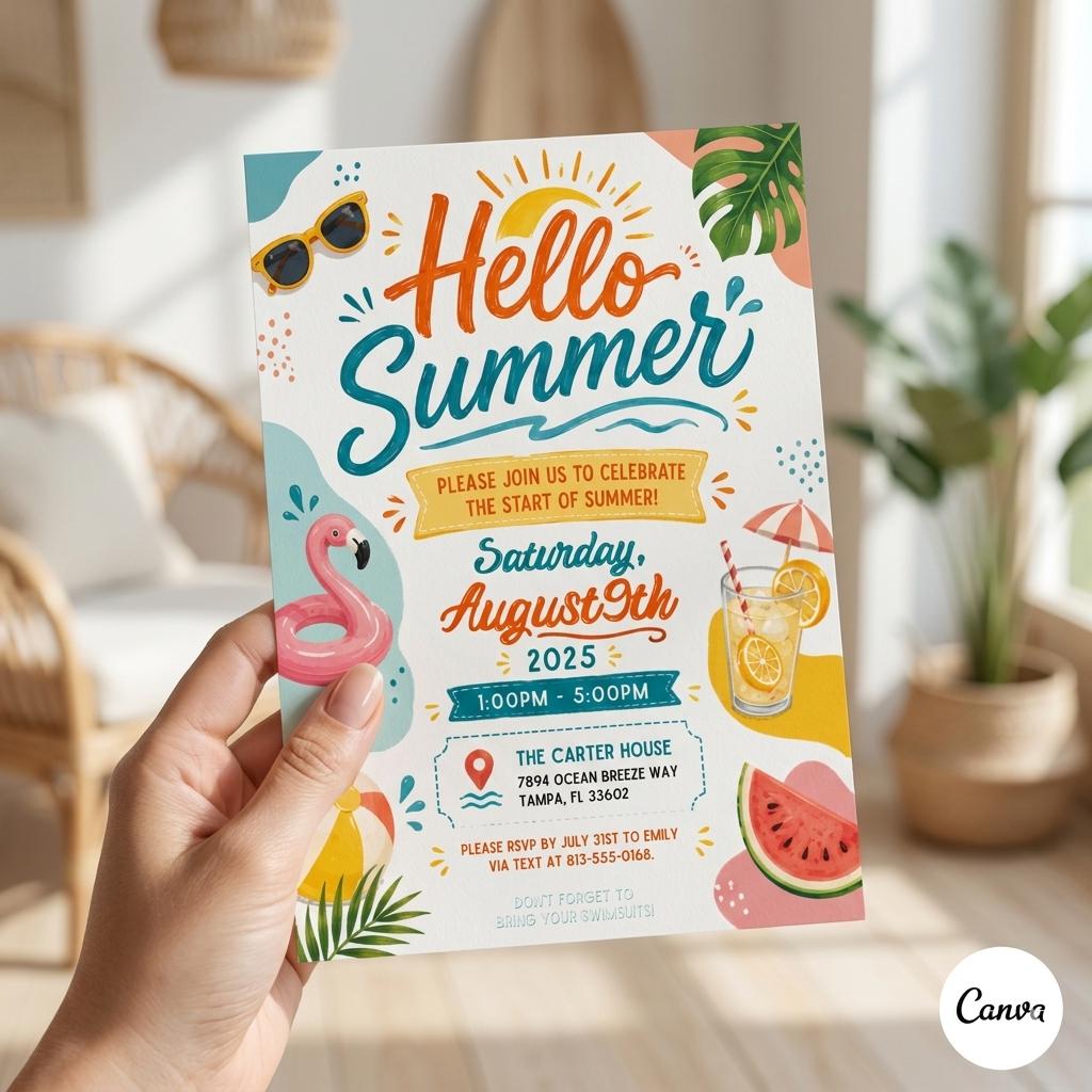 End of School Party Invitation, Hello Summer, Sunshine, Editable Canva Invitation Template