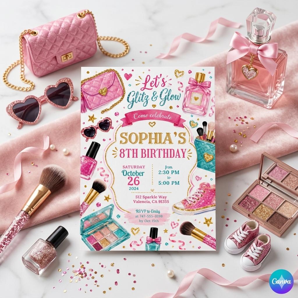 Glitz Glam Birthday Invitation Template, Glamour Party Invitation, Spa Makeup Birthday Party Rainbow Leopard Print Glitz and Glam Makeup
