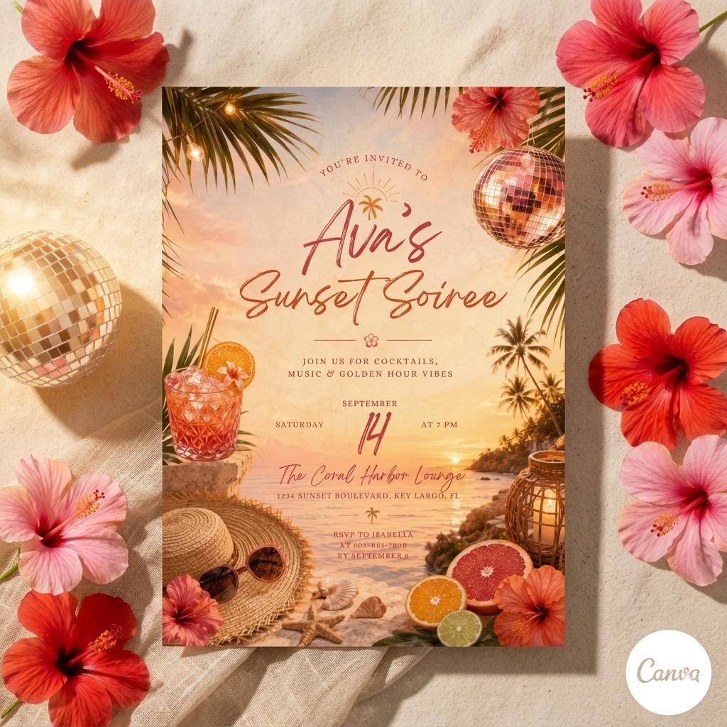 Sunset Soirée Summer Party Invitation, Tropical Party, Pink Citrus, Disco Ball, Editable Canva Template