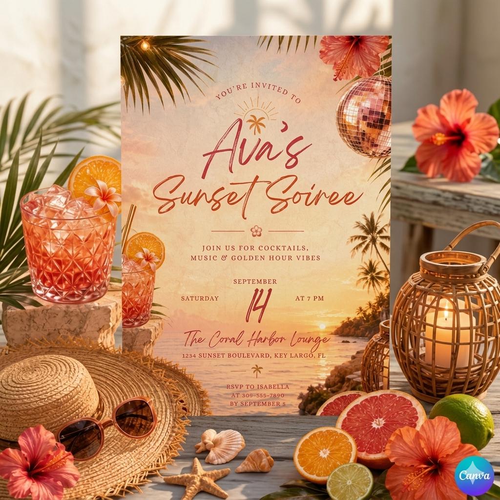 Sunset Soirée Summer Party Invitation, Tropical Party, Pink Citrus, Disco Ball, Editable Canva Template