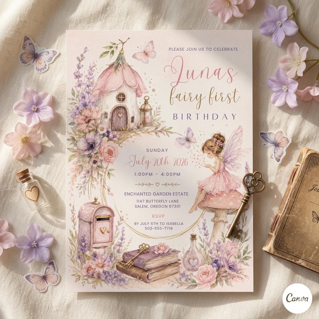 Editable Fairy First Birthday Invitation, Soft Pastel Floral 1st Birthday Party Printable Invite, Wildflower Fairy Garden Tea Party, Canva