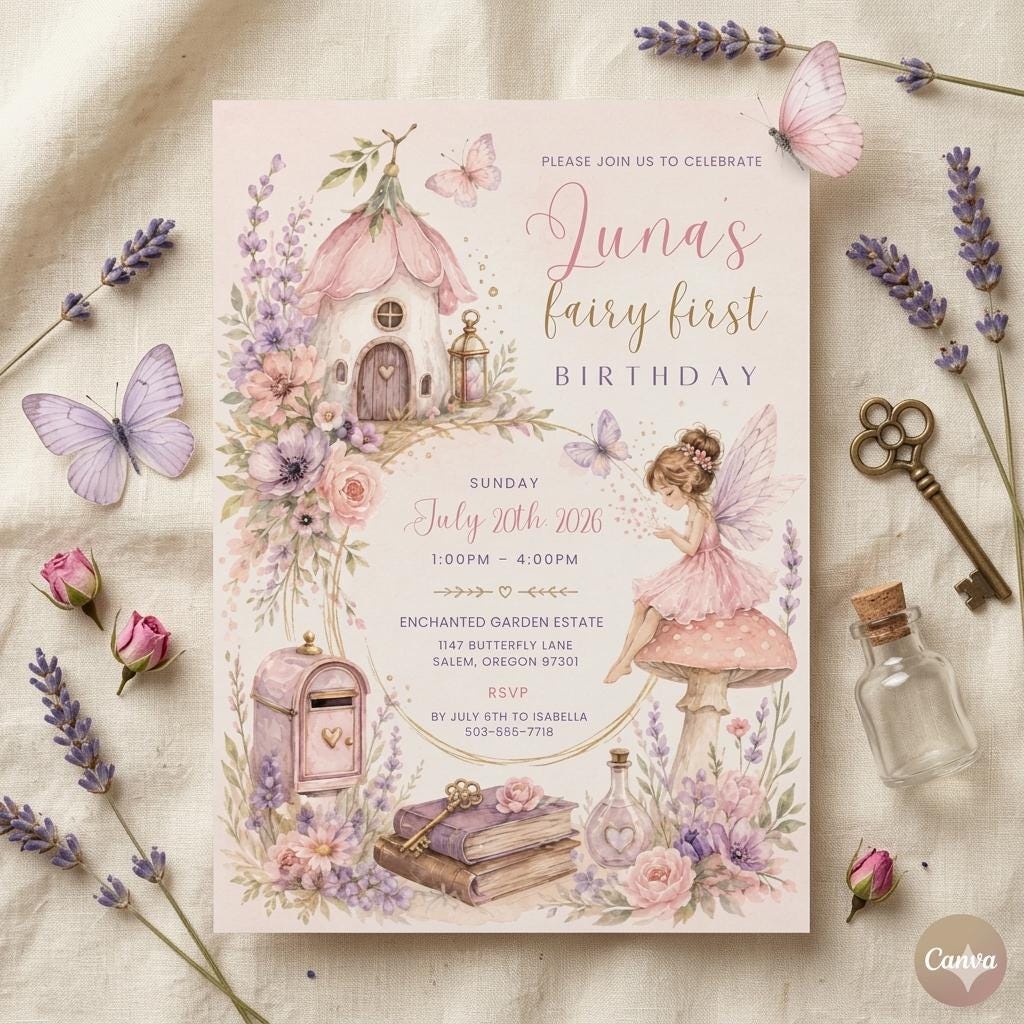 Editable Fairy First Birthday Invitation, Soft Pastel Floral 1st Birthday Party Printable Invite, Wildflower Fairy Garden Tea Party, Canva