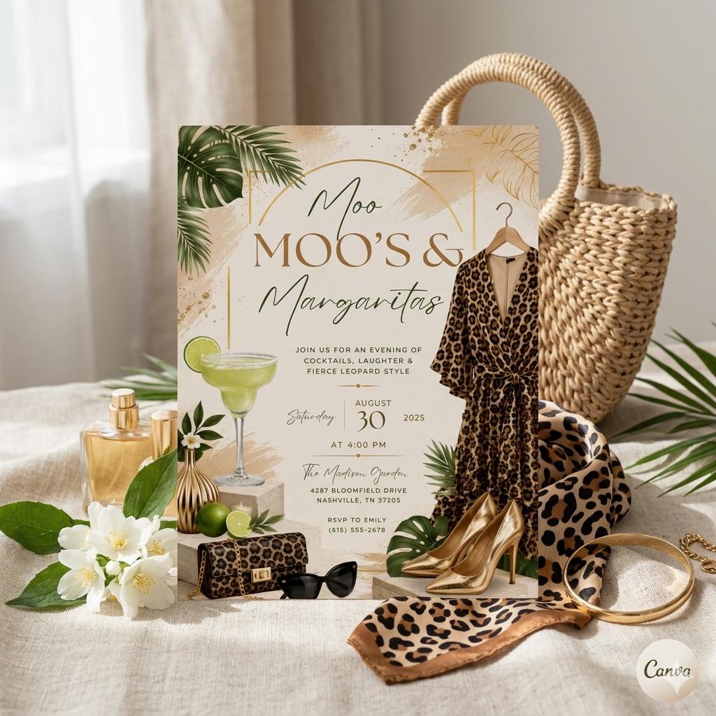 Moo Moos and Margaritas Invitation, Mumu & Margaritas Party Invite, Ladies Night Invitation, Leopard Pajama Girls Day Invite, Editable Canva