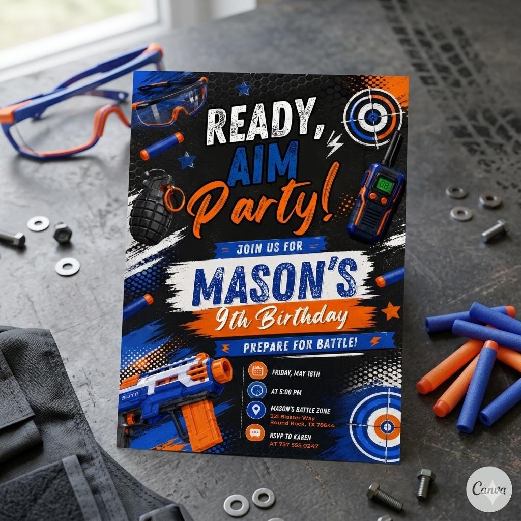 Blaster Birthday Invitation, Dart Battle Party Invite, Ready Aim Party Theme, Nerf Party Theme, Editable Canva Template
