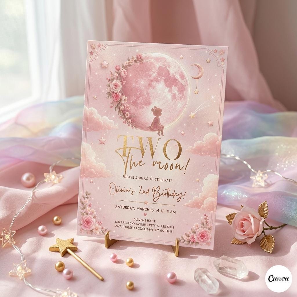 Two the Moon Birthday , Two the Moon 2nd Birthday Space Invite Girls Printable, Girls 2nd Birthday (Digital Download)