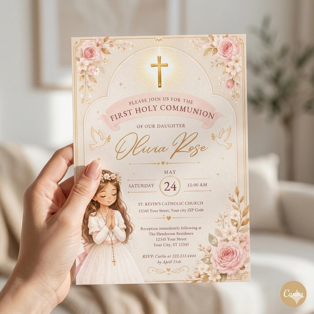First Holy Communion Invitation: Pink Floral & Lace Design, Gold Cross Card, Elegant Religious Celebration Invite, Blonde (Digital Download)
