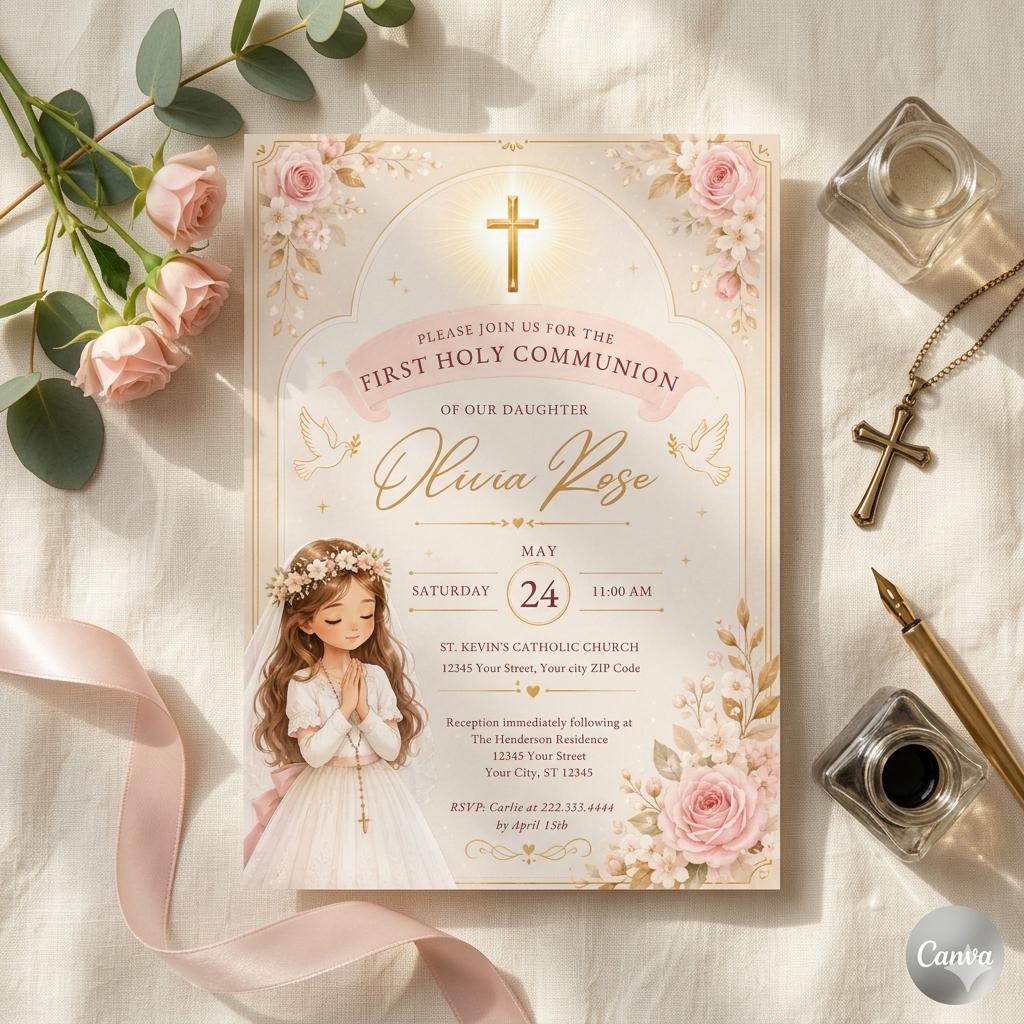 First Holy Communion Invitation: Pink Floral & Lace Design, Gold Cross Card, Elegant Religious Celebration Invite, Blonde (Digital Download)