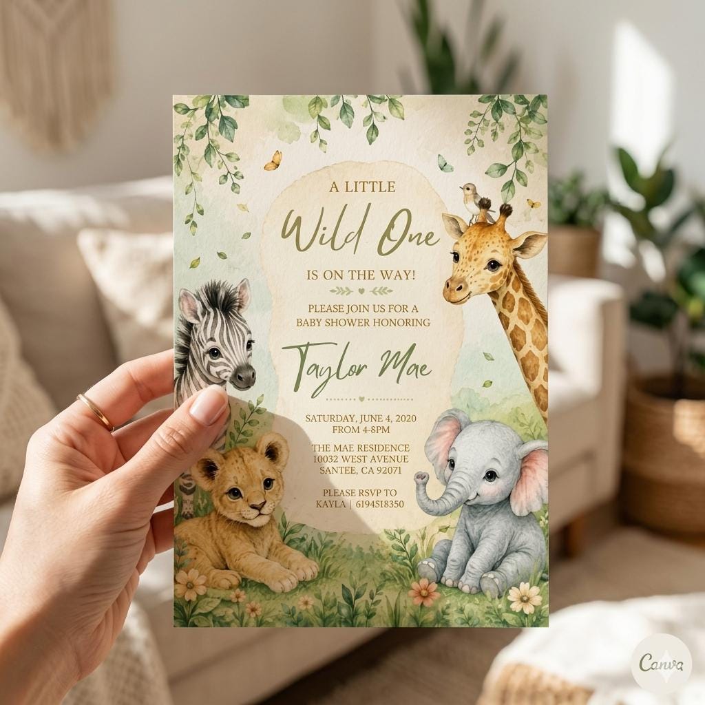 Wild One Baby Shower Invitation: Greenery. Wild one invite, Jungle baby shower Invitation. Zoo Animal Baby Shower Invite (Digital Download)