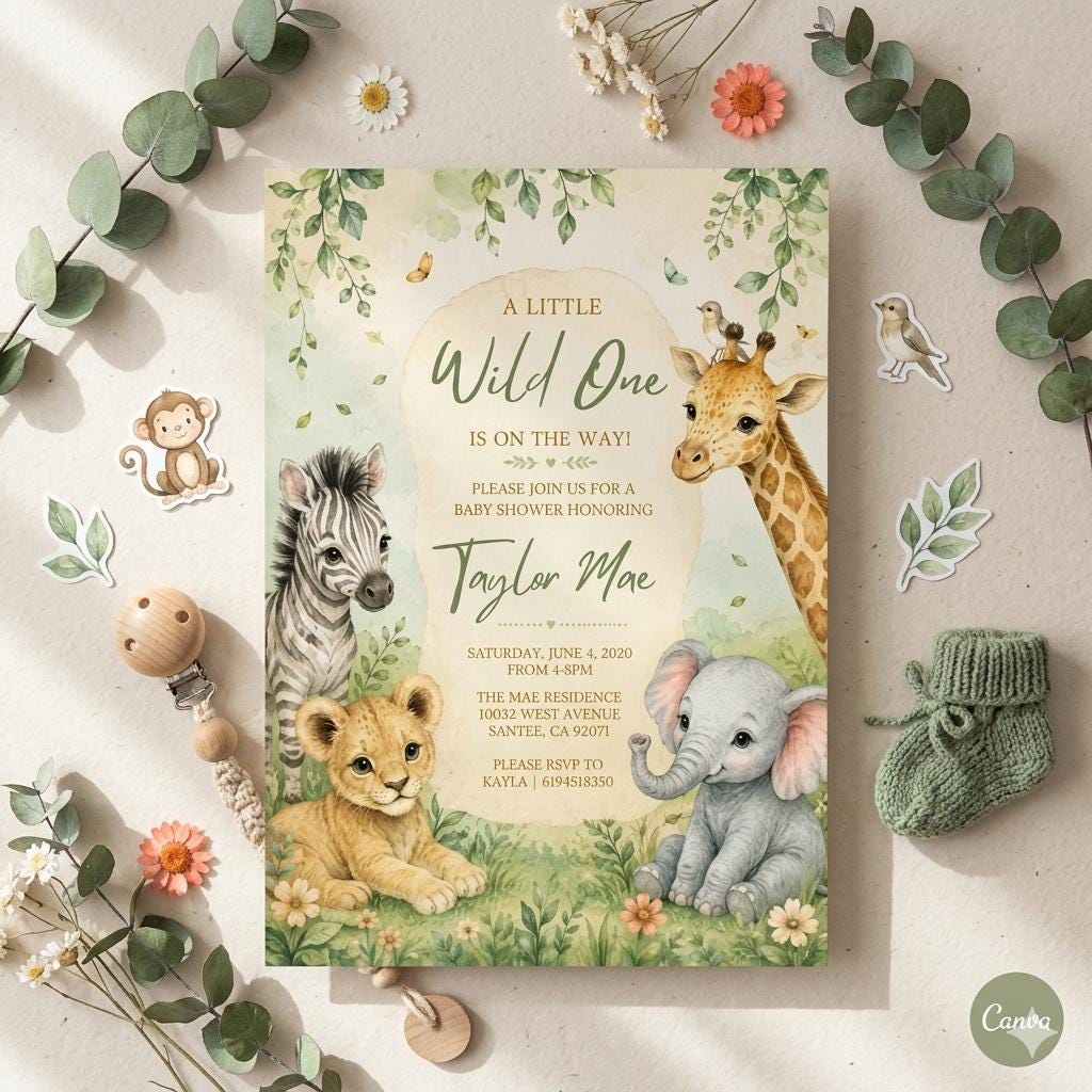 Wild One Baby Shower Invitation: Greenery. Wild one invite, Jungle baby shower Invitation. Zoo Animal Baby Shower Invite (Digital Download)