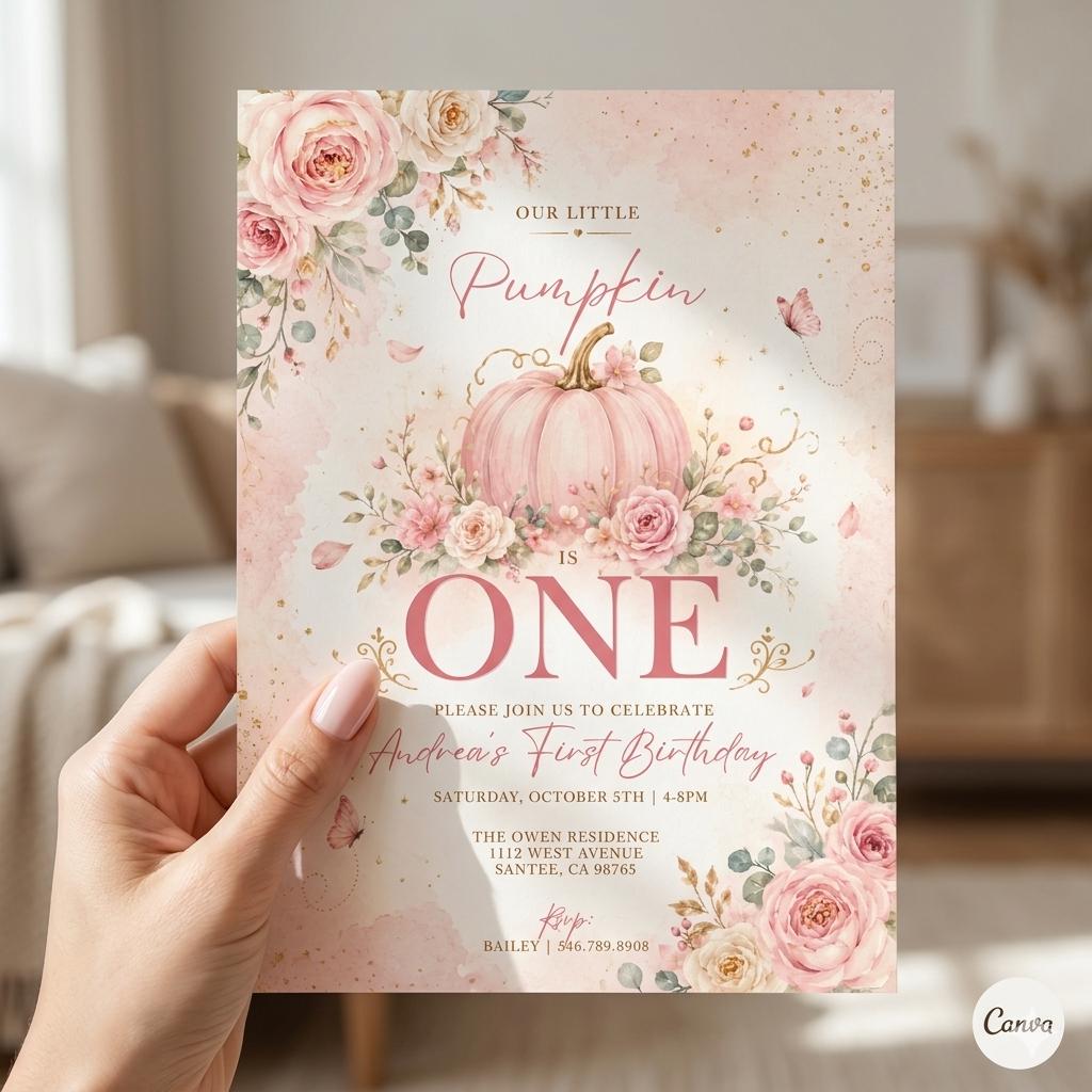 Little Pumpkin First Birthday Invitation Template , Rustic pumpkin invite, fall neutral colors Birthday Party (Editable Canva)