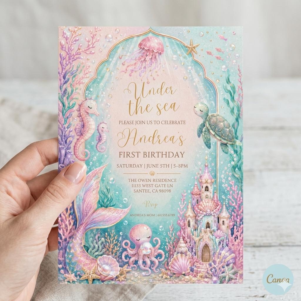 Under the Sea First Birthday Invitation Template , Mermaid Birthday Invitation. Girl Mermaid Birthday Party. Purple Teal (Digital Download)