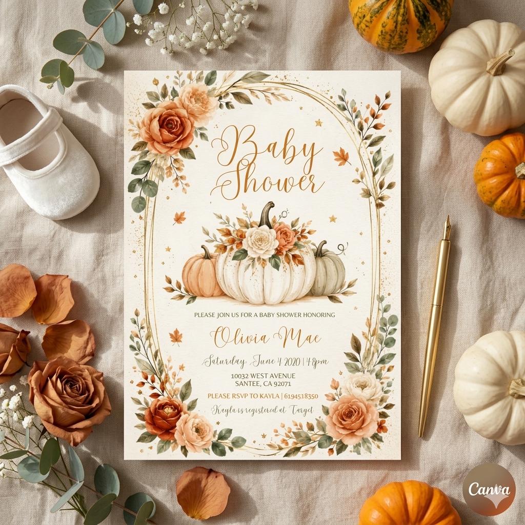 Fall Pumpkin Baby Shower Invitation Template, ender neutral invite, pumpkin baby shower invite, fall neutral baby shower (Editable Canva)