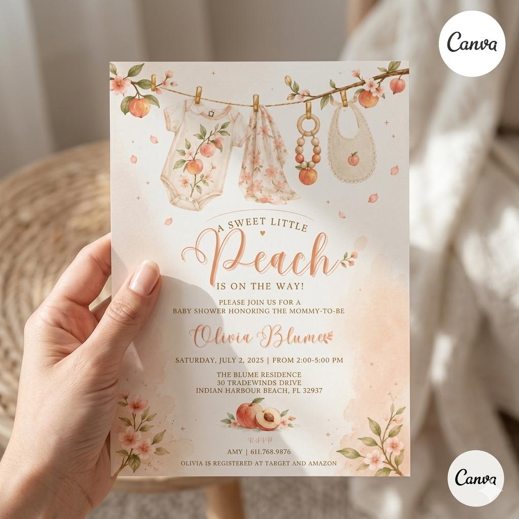 Sweet Little Peach Baby Shower Invitation: Sweet Little Peach Girl Invite , Printable Template (Digital Download)
