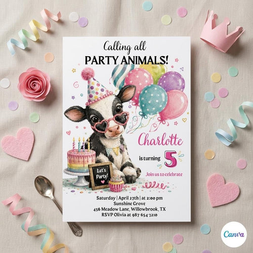 Cow Birthday Invite Canva Template, Farm Animal Party, Girl Birthday, Watercolor Balloons, Editable Digital Invitation, Printable Invite