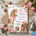 Editable Cowgirl Birthday Invitation Template, Girl Horse Birthday Invitation, Cowgirl Party Horse Invite, Pink Floral Birthday Invitation