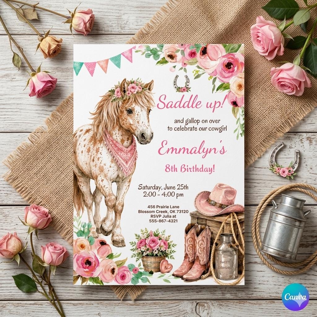 Editable Cowgirl Birthday Invitation Template, Girl Horse Birthday Invitation, Cowgirl Party Horse Invite, Pink Floral Birthday Invitation