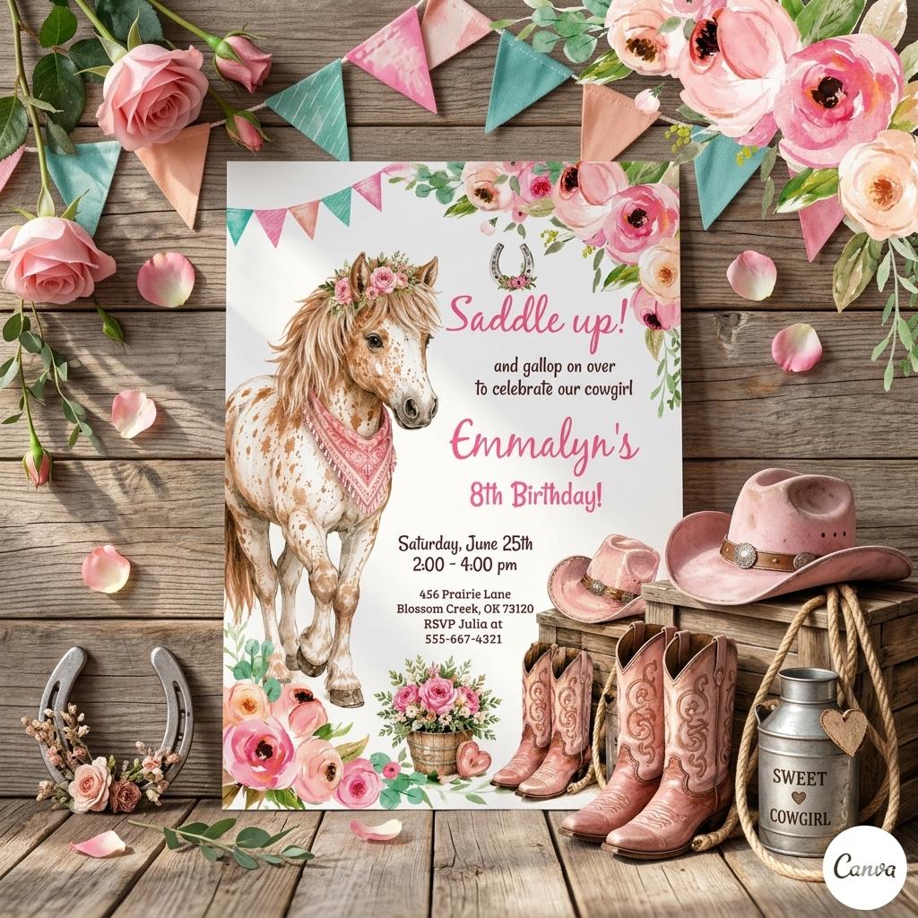 Editable Cowgirl Birthday Invitation Template, Girl Horse Birthday Invitation, Cowgirl Party Horse Invite, Pink Floral Birthday Invitation