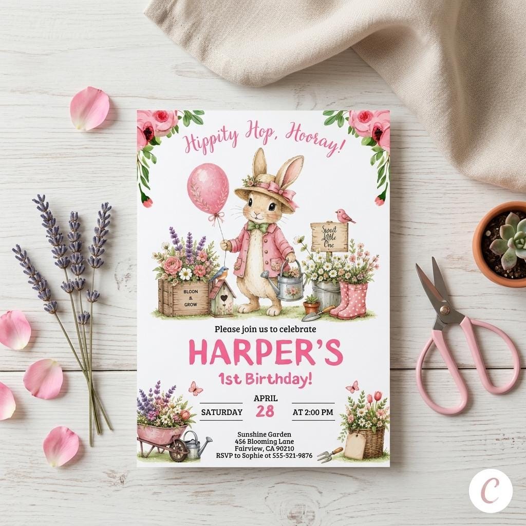 Watercolor Bunny Birthday Invitation, Girl First Birthday Party Invite, Cute Rabbit Canva Invite Template, Editable Digital Download