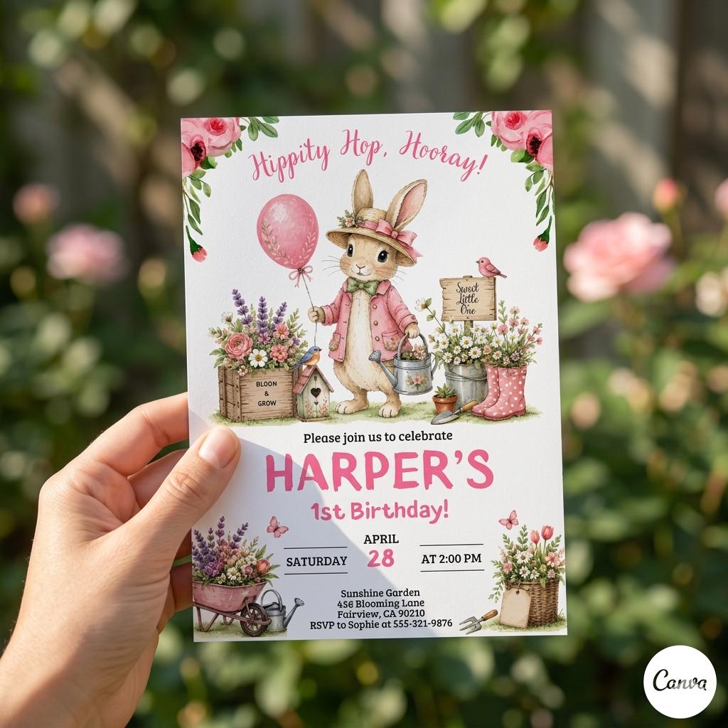 Watercolor Bunny Birthday Invitation, Girl First Birthday Party Invite, Cute Rabbit Canva Invite Template, Editable Digital Download