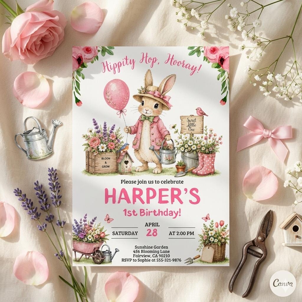 Watercolor Bunny Birthday Invitation, Girl First Birthday Party Invite, Cute Rabbit Canva Invite Template, Editable Digital Download