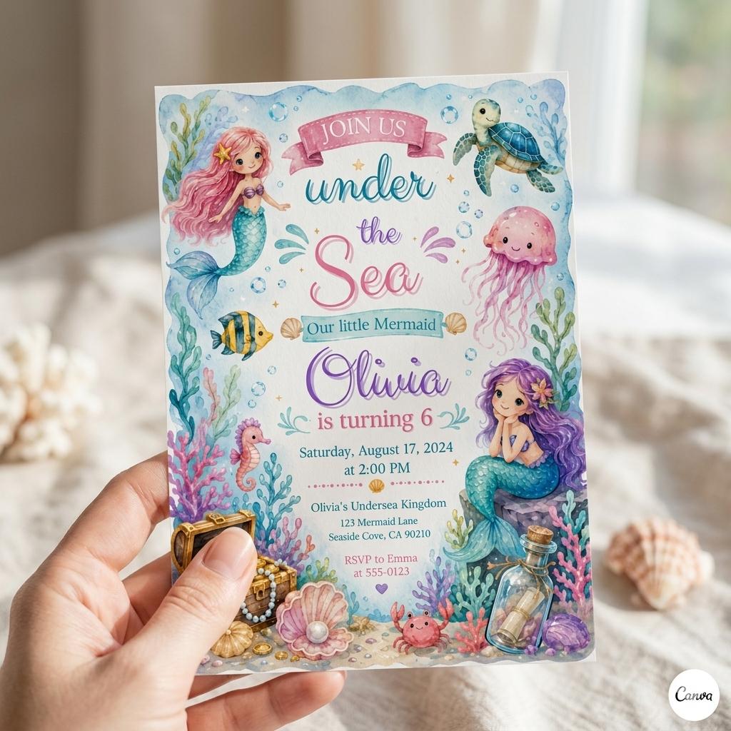 Mermaid Birthday Invitation Template: Under the Sea Party Invite (Digital Download)