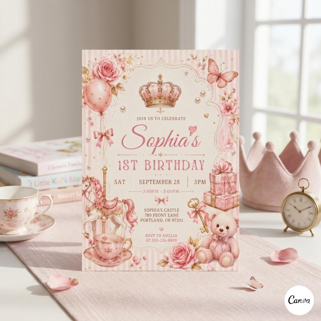 Pink Bow Birthday Invitation, Coquette Girly Party Invite, coquette bow invite, Pink bow 1st birthday invitation, Canva Template