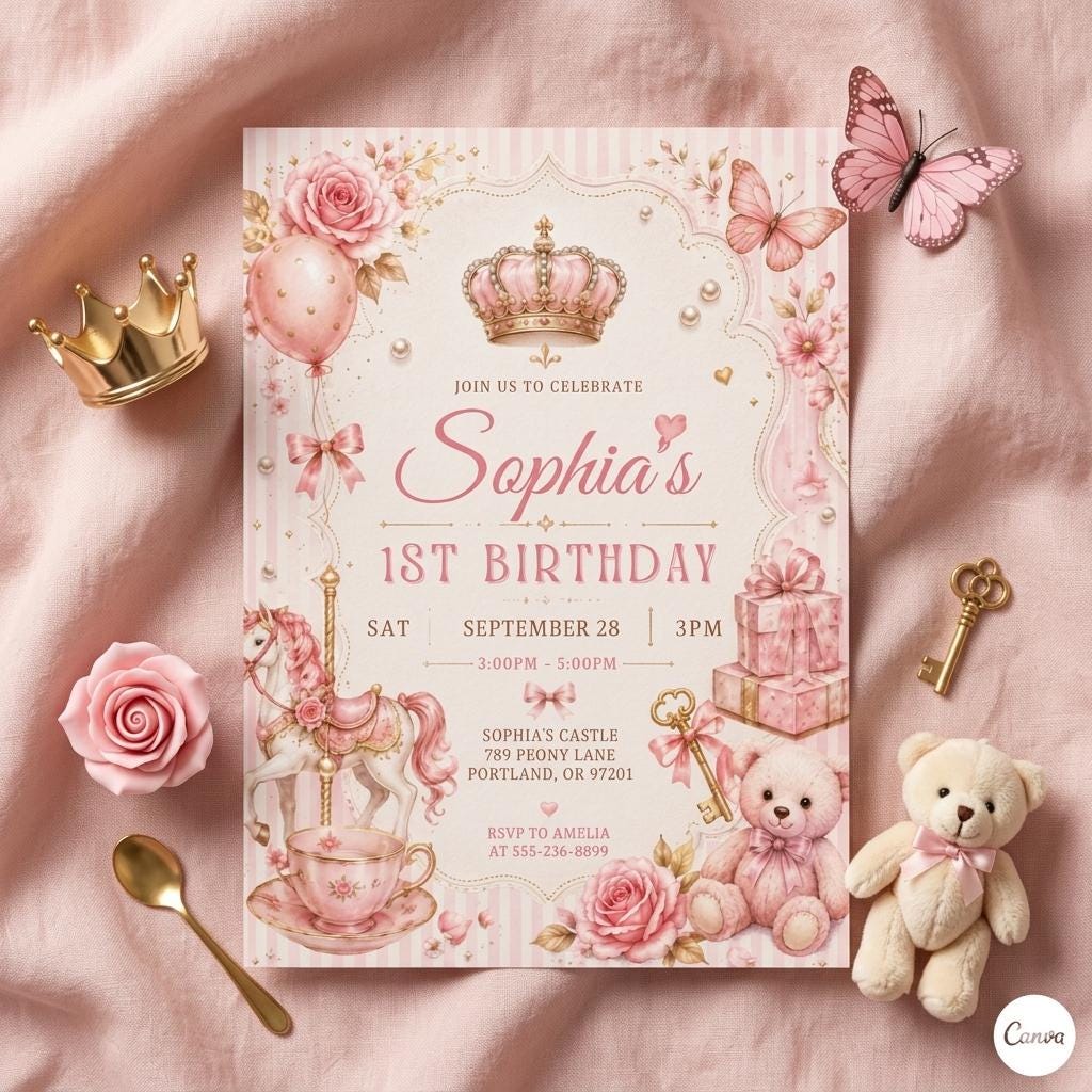 Pink Bow Birthday Invitation, Coquette Girly Party Invite, coquette bow invite, Pink bow 1st birthday invitation, Canva Template