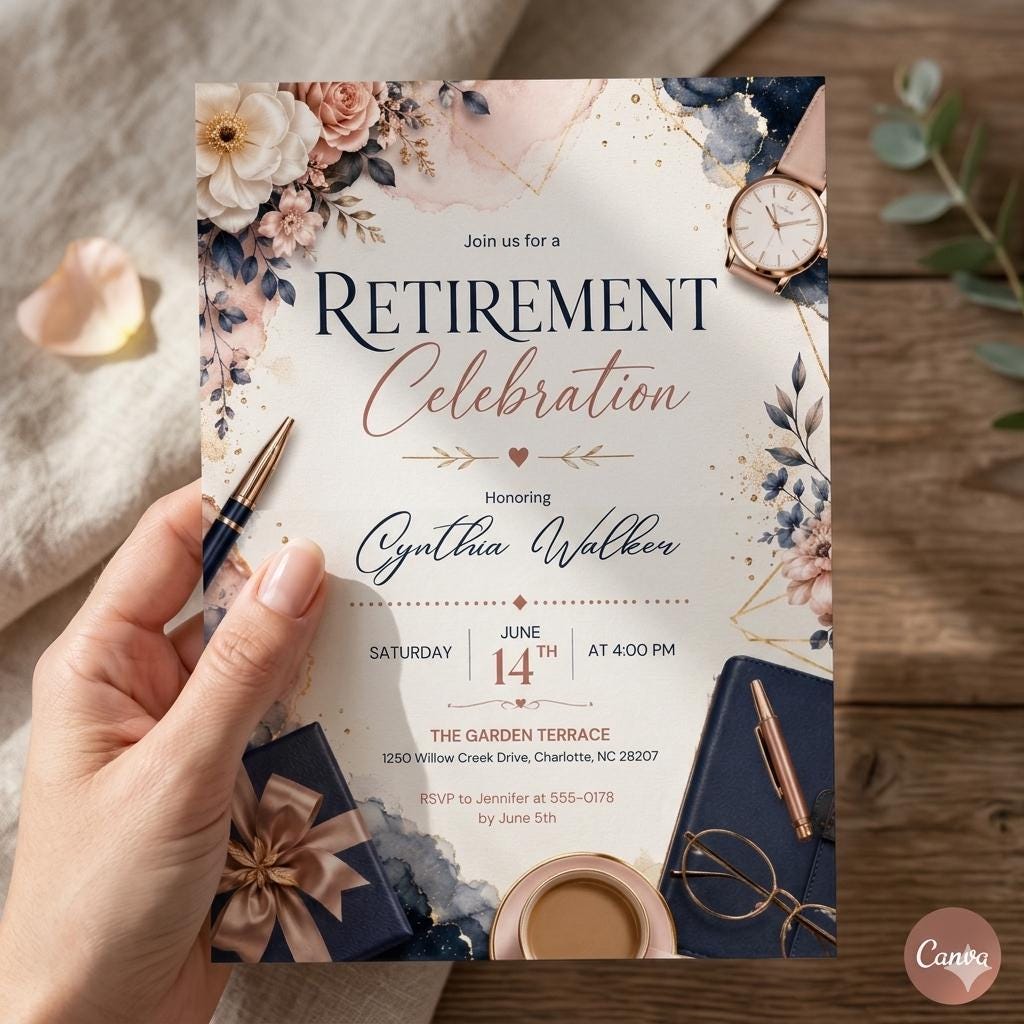 Retirement Party Invitation Blue Balloon Theme Printable Retirement Celebration Invite for Men and Women, Editable Canva Template (Digital)