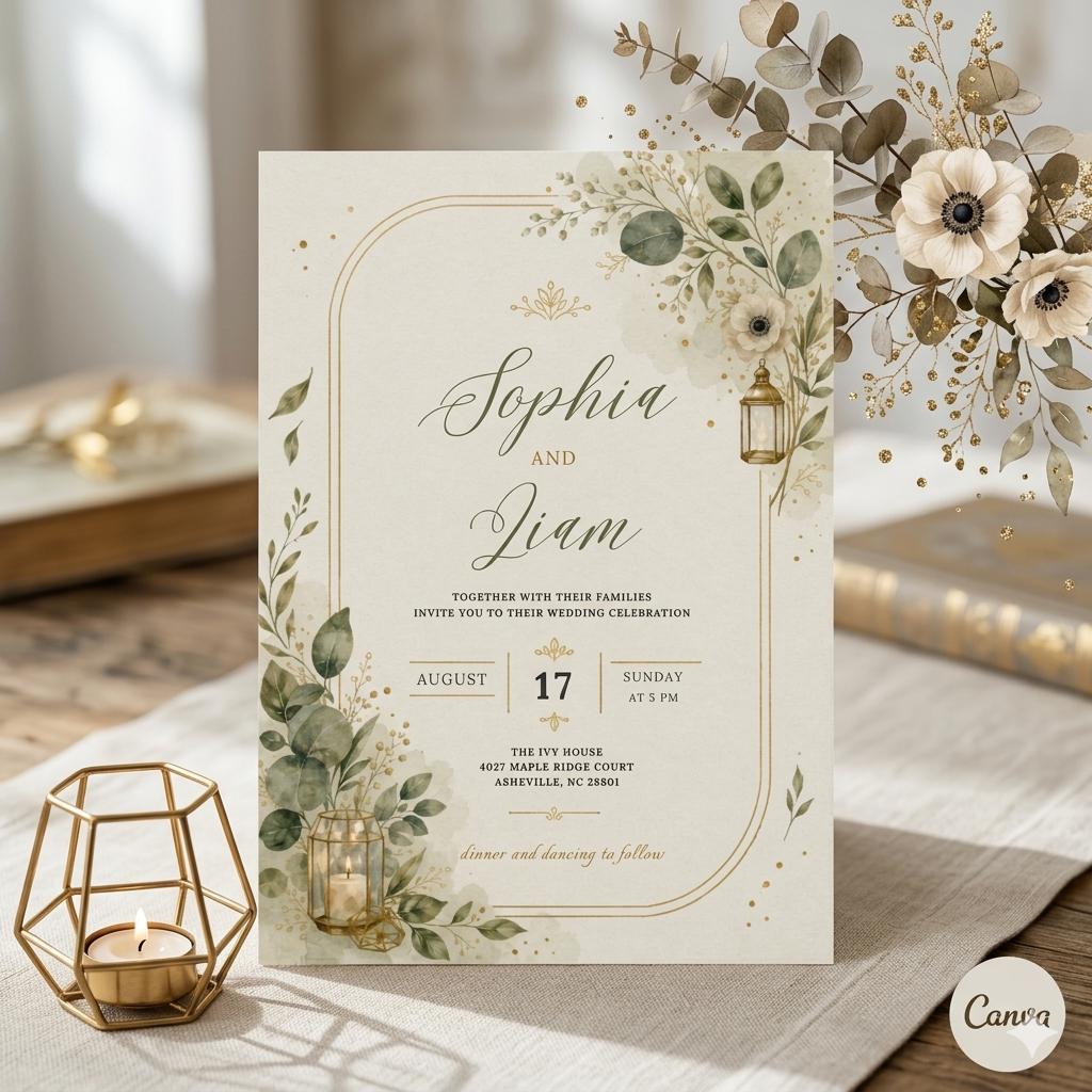 Editable Floral Wedding Invitation Template, Summer Wedding Invite, Elegant Botanical Design, Floral Watercolor Design, Wedding Invitation