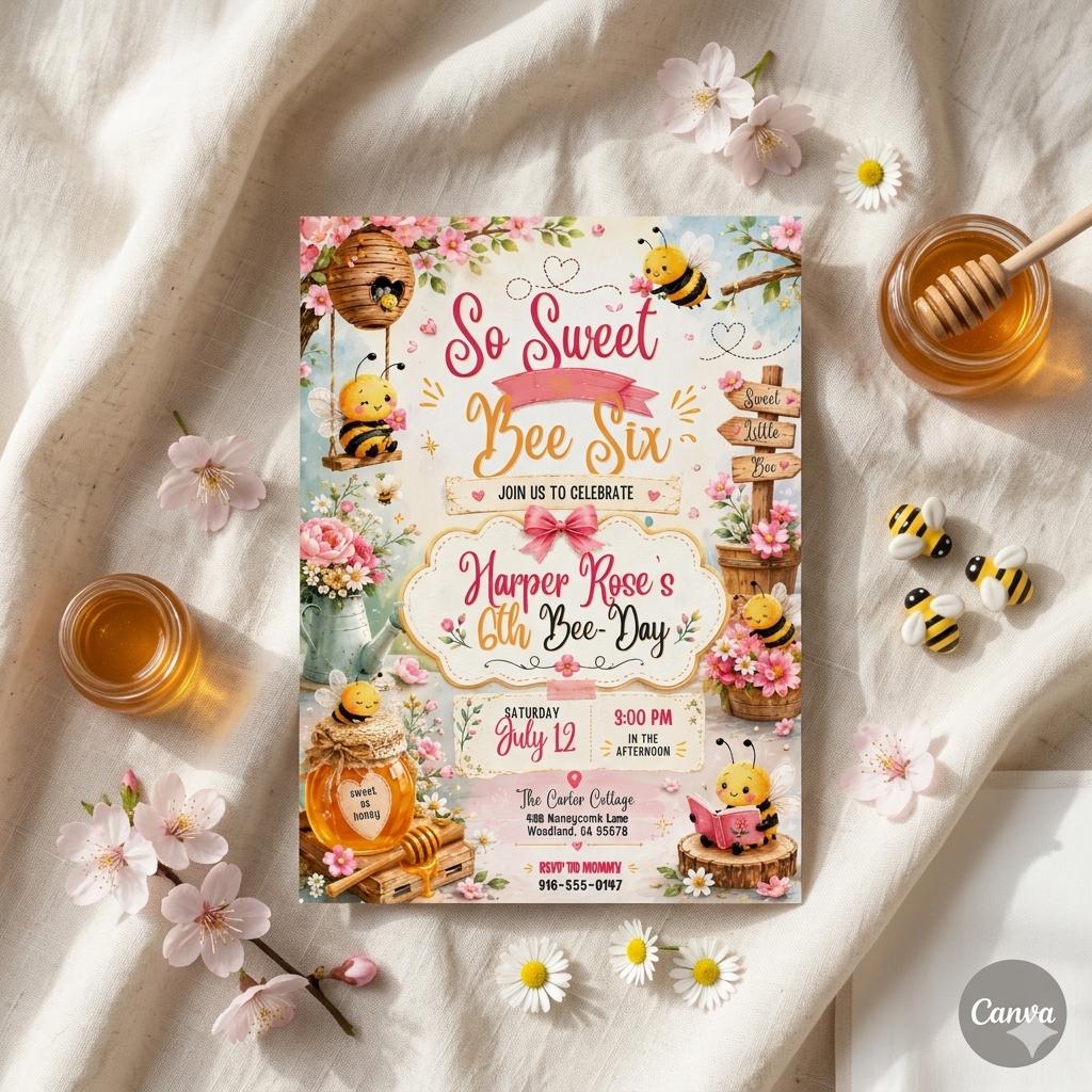 Sweet to Bee SIX 6th Birthday Invitation, Bee Invitation 1st Birthday Buzz On Over, So Sweet, Bee One, Little Honey, Party Invitation, Canva