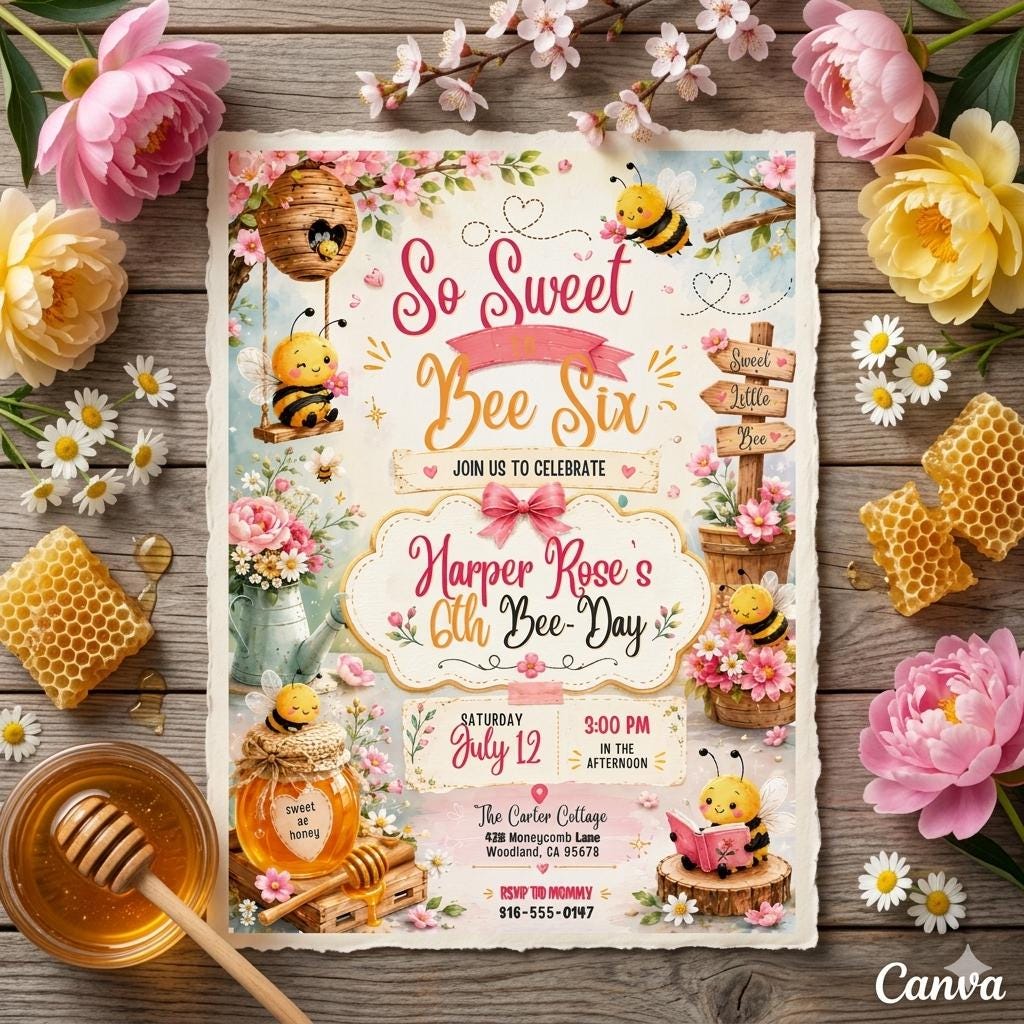 Sweet to Bee SIX 6th Birthday Invitation, Bee Invitation 1st Birthday Buzz On Over, So Sweet, Bee One, Little Honey, Party Invitation, Canva